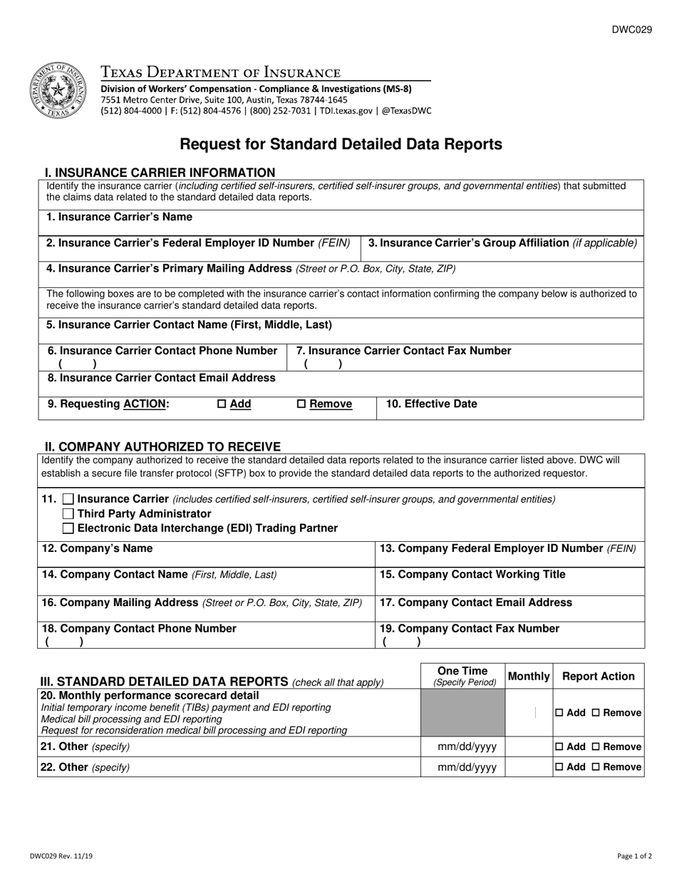 Form DWC029 Request for Standard Detailed Data Reports - Texas, Page 1