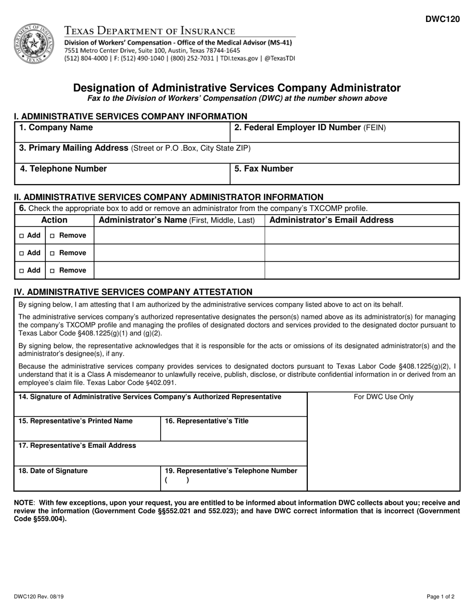Form DWC120 Designation of Administrative Services Company Administrator - Texas, Page 1