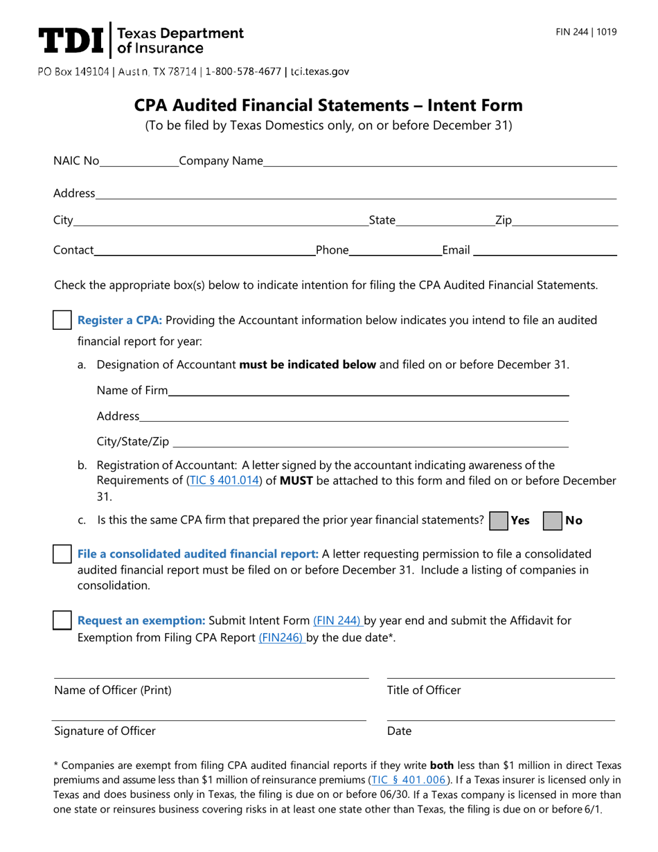 Form FIN244 CPA Audited Financial Statements - Intent Form - Texas, Page 1