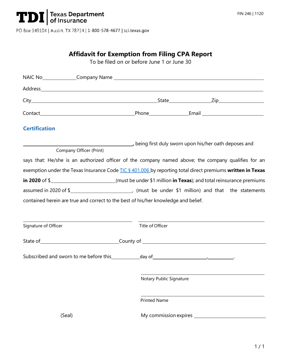 Form FIN246 Affidavit for Exemption From Filing CPA Report - Texas, Page 1