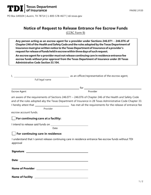 Form FIN392 (CCRC Form 9)  Printable Pdf