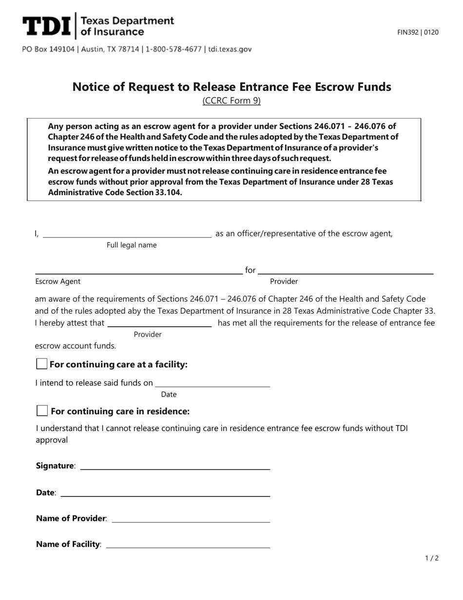 Form FIN392 (CCRC Form 9) Notice of Request to Release Entrance Fee Escrow Funds - Texas, Page 1