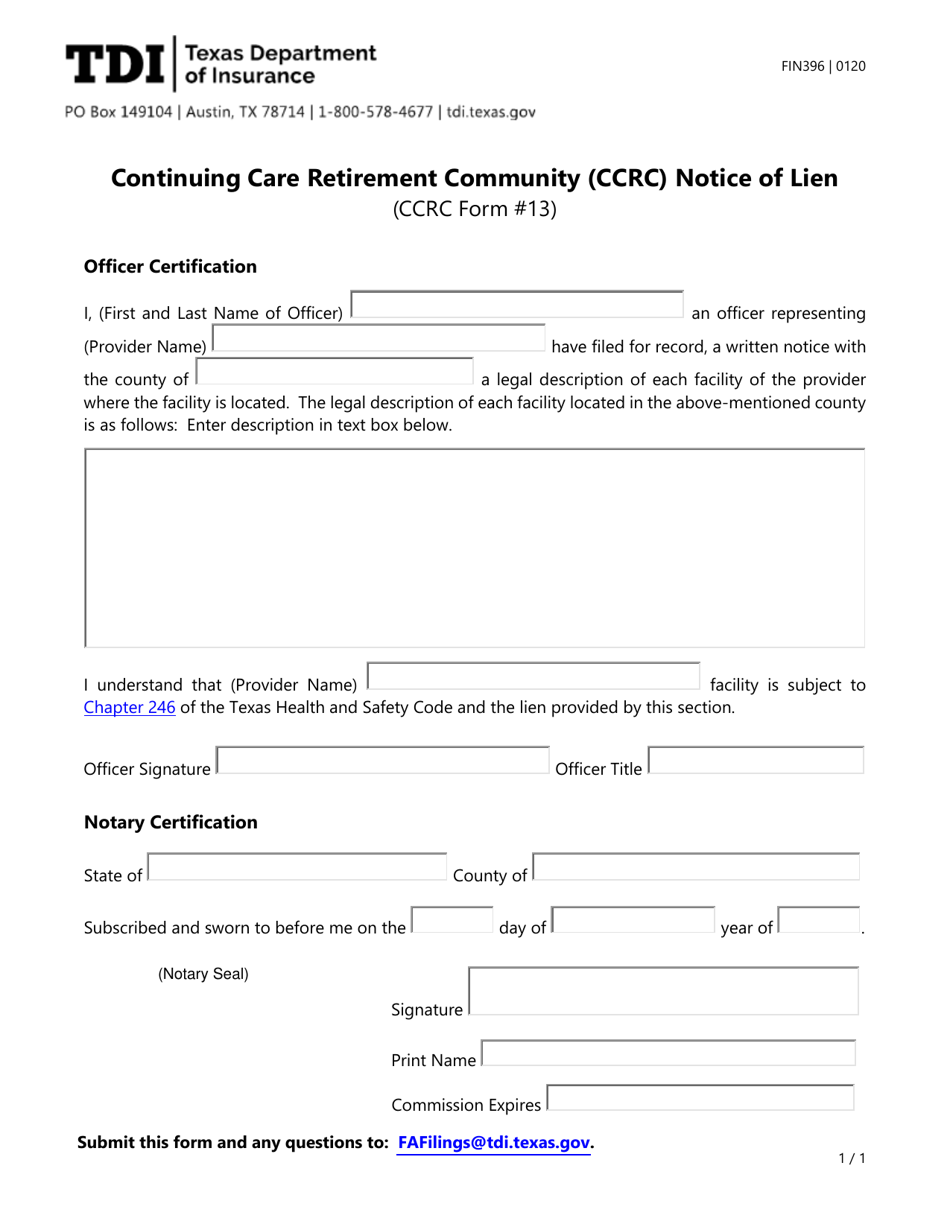 Form FIN396 (CCRC Form 13) Continuing Care Retirement Community (Ccrc) Notice of Lien - Texas, Page 1