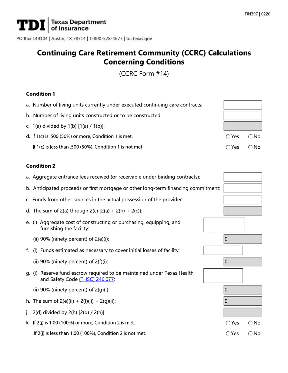 Form FIN397 (CCRC Form 14) Continuing Care Retirement Community (Ccrc) Calculations Concerning Conditions - Texas, Page 1