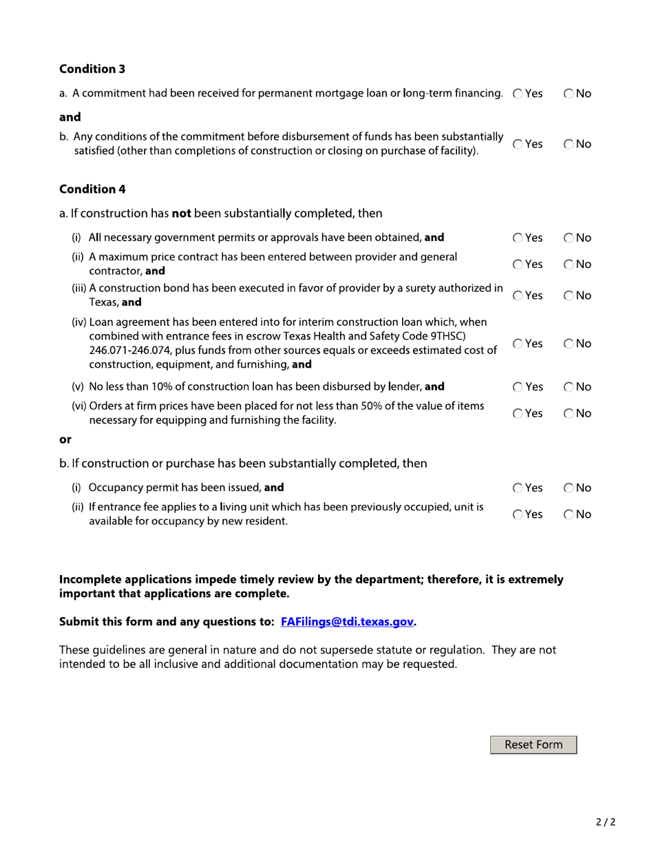 Form FIN397 (CCRC Form 14) Continuing Care Retirement Community (Ccrc) Calculations Concerning Conditions - Texas, Page 2