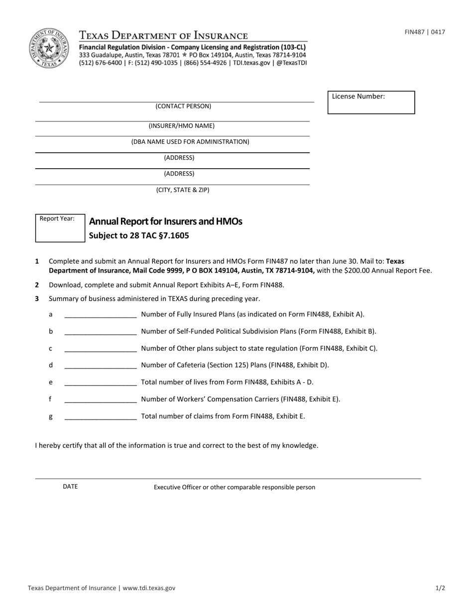 Form FIN487 Annual Report for Insurers and HMOs Subject to 28 Tac 7.1605 - Texas, Page 1