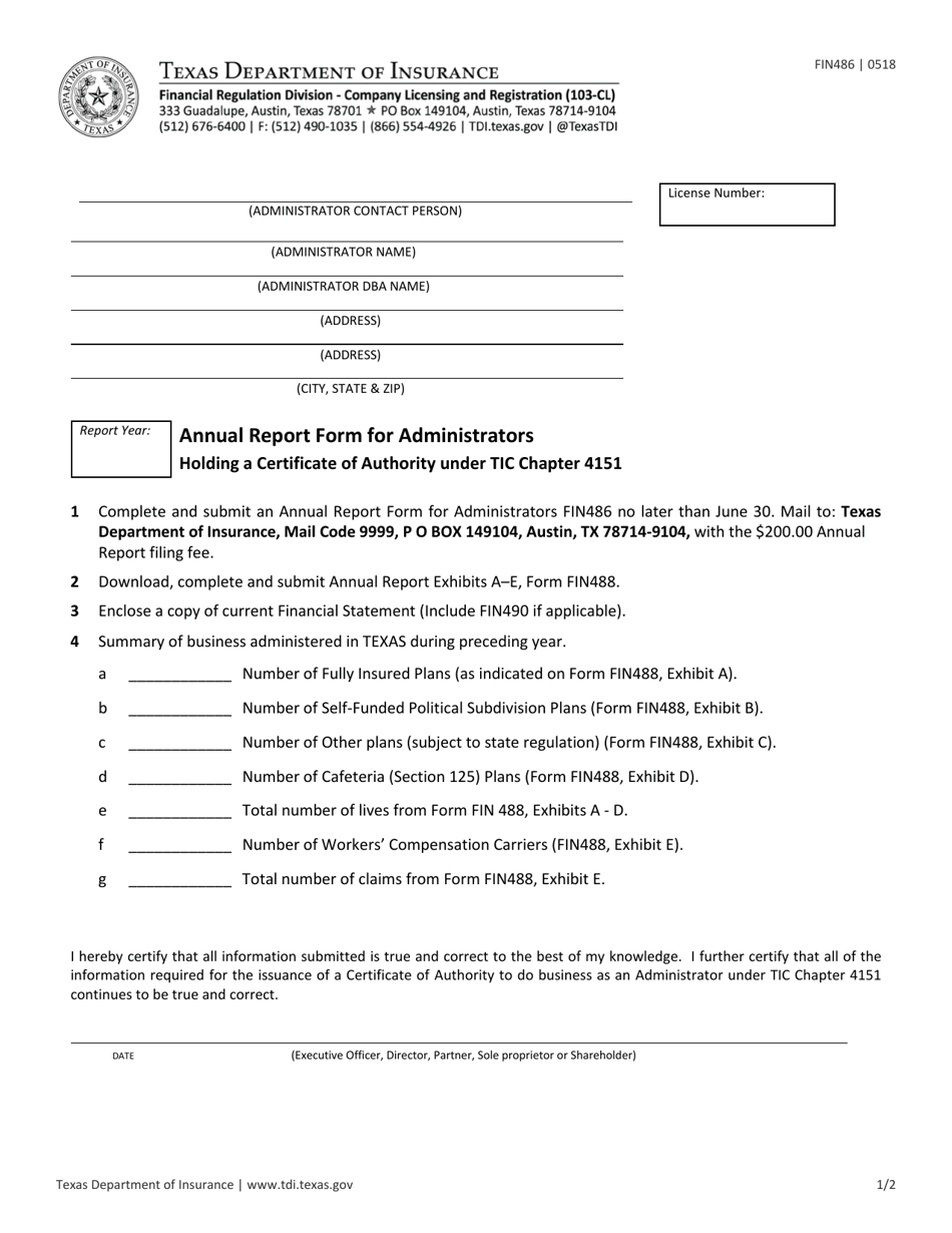 Form FIN486 Annual Report Form for Administrators - Texas, Page 1