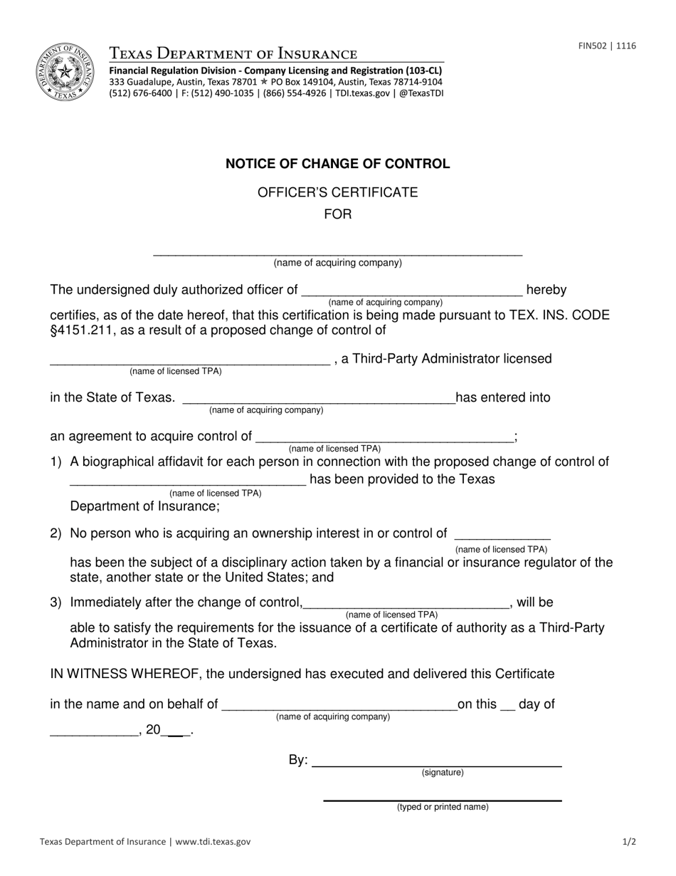 Form FIN502 Notice of Change of Control - Texas, Page 1