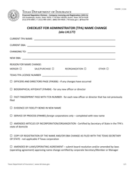 Document preview: Form FIN499 Checklist for Administrator (Tpa) Name Change - Texas