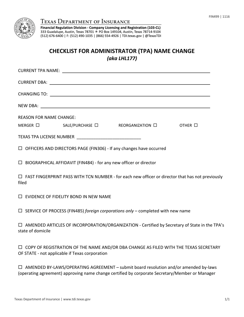 Form FIN499 Checklist for Administrator (Tpa) Name Change - Texas, Page 1