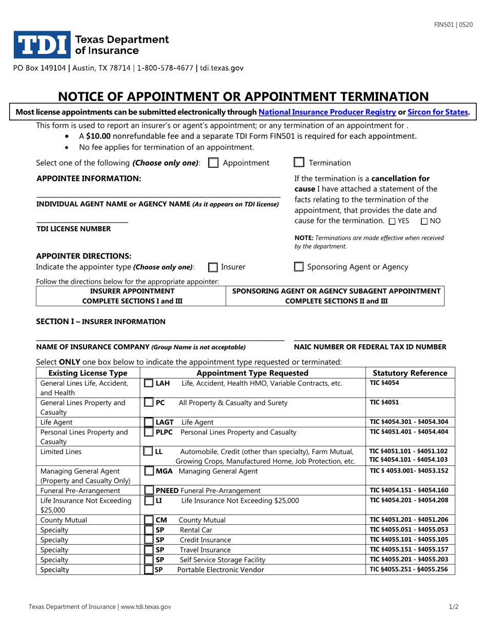 Form FIN501 Notice of Appointment or Appointment Termination - Texas, Page 1