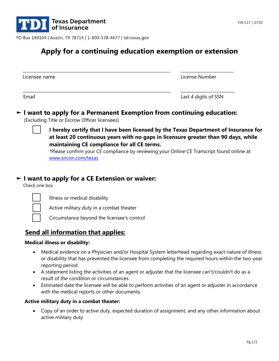 Form FIN517 Continuing Education Exemption or Extension - Texas, Page 1