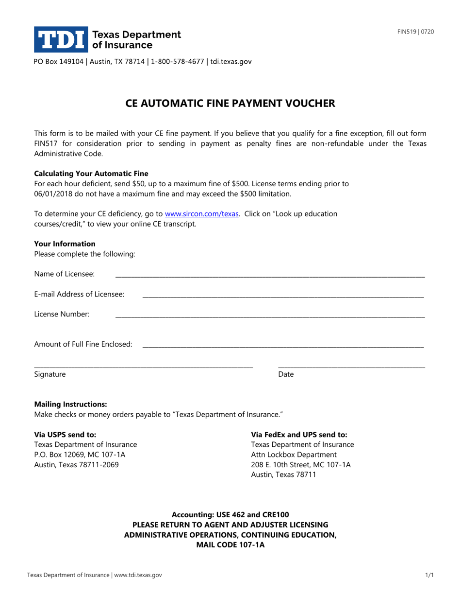 Form FIN519 Ce Automatic Fine Payment Voucher - Texas, Page 1