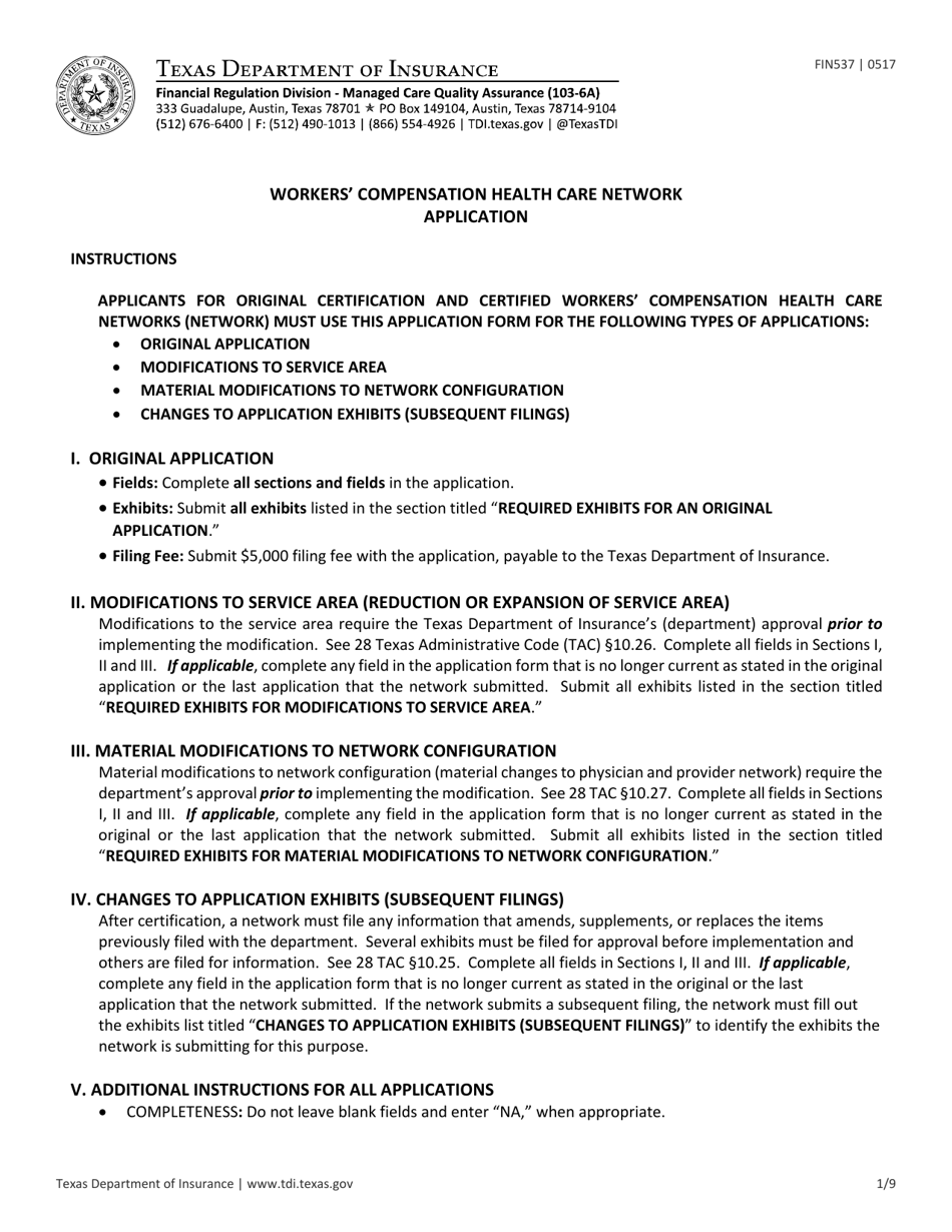 Form FIN537 Workers Compensation Health Care Network Application - Texas, Page 1
