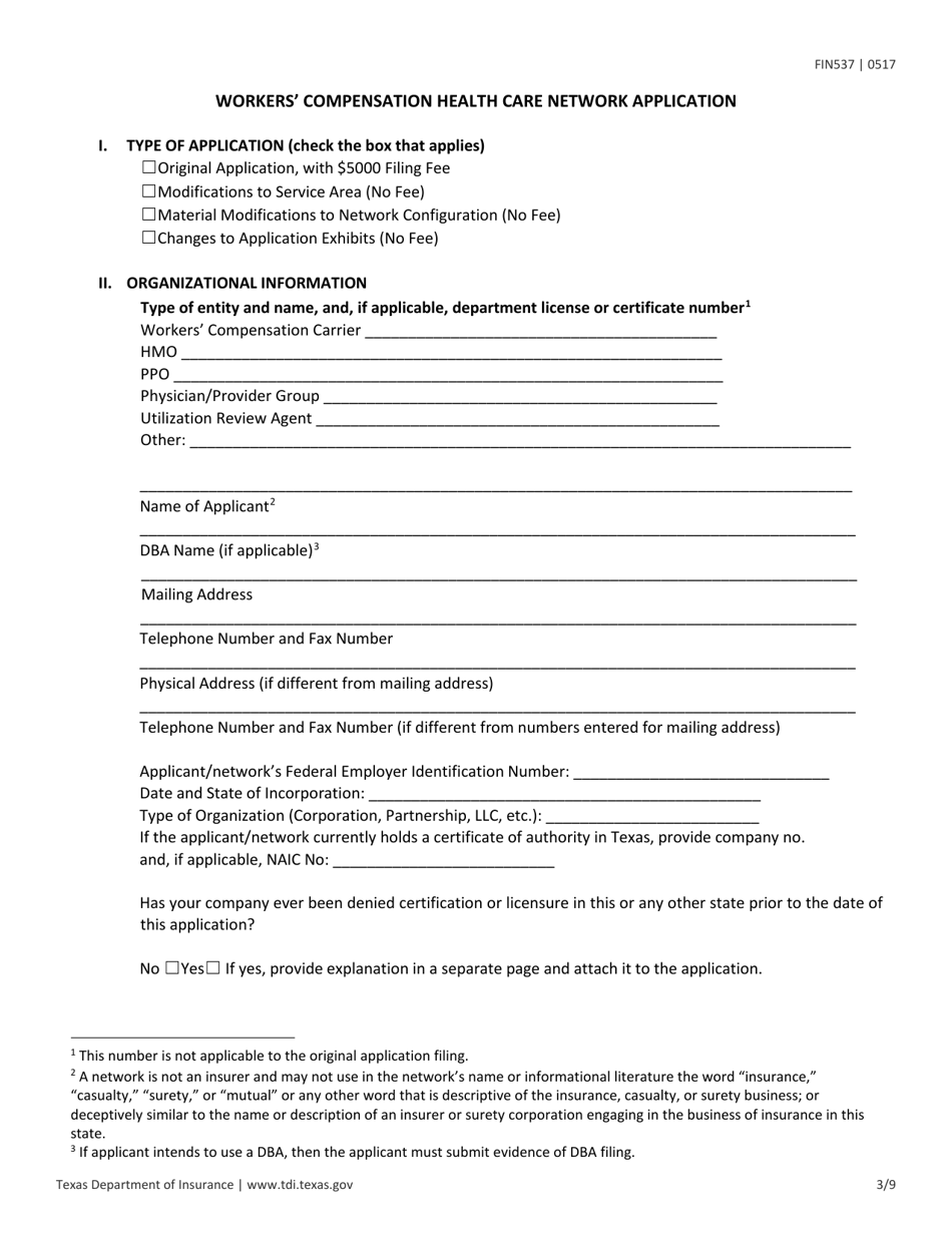 Form FIN537 Workers Compensation Health Care Network Application - Texas, Page 3