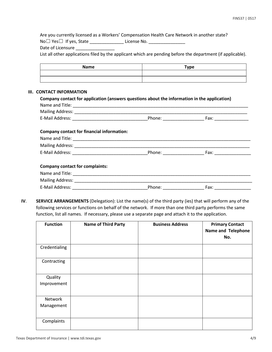 Form FIN537 Workers Compensation Health Care Network Application - Texas, Page 4