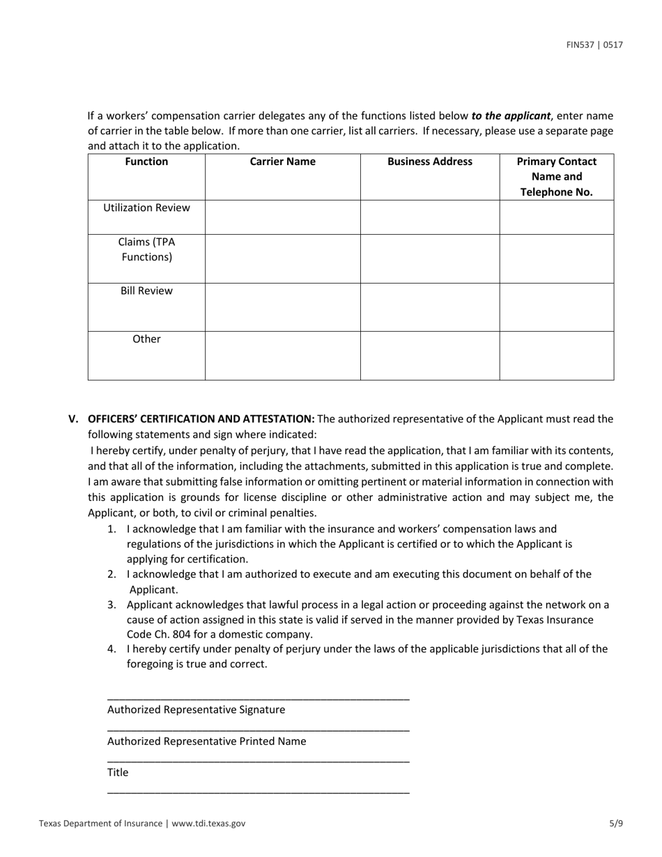 Form FIN537 Workers Compensation Health Care Network Application - Texas, Page 5