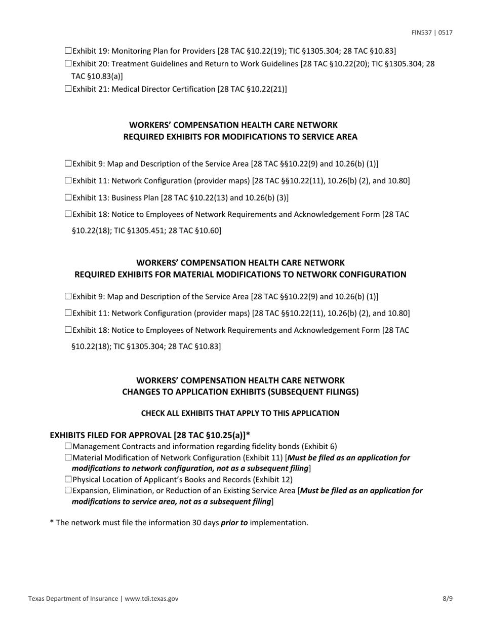 Form FIN537 Workers Compensation Health Care Network Application - Texas, Page 8