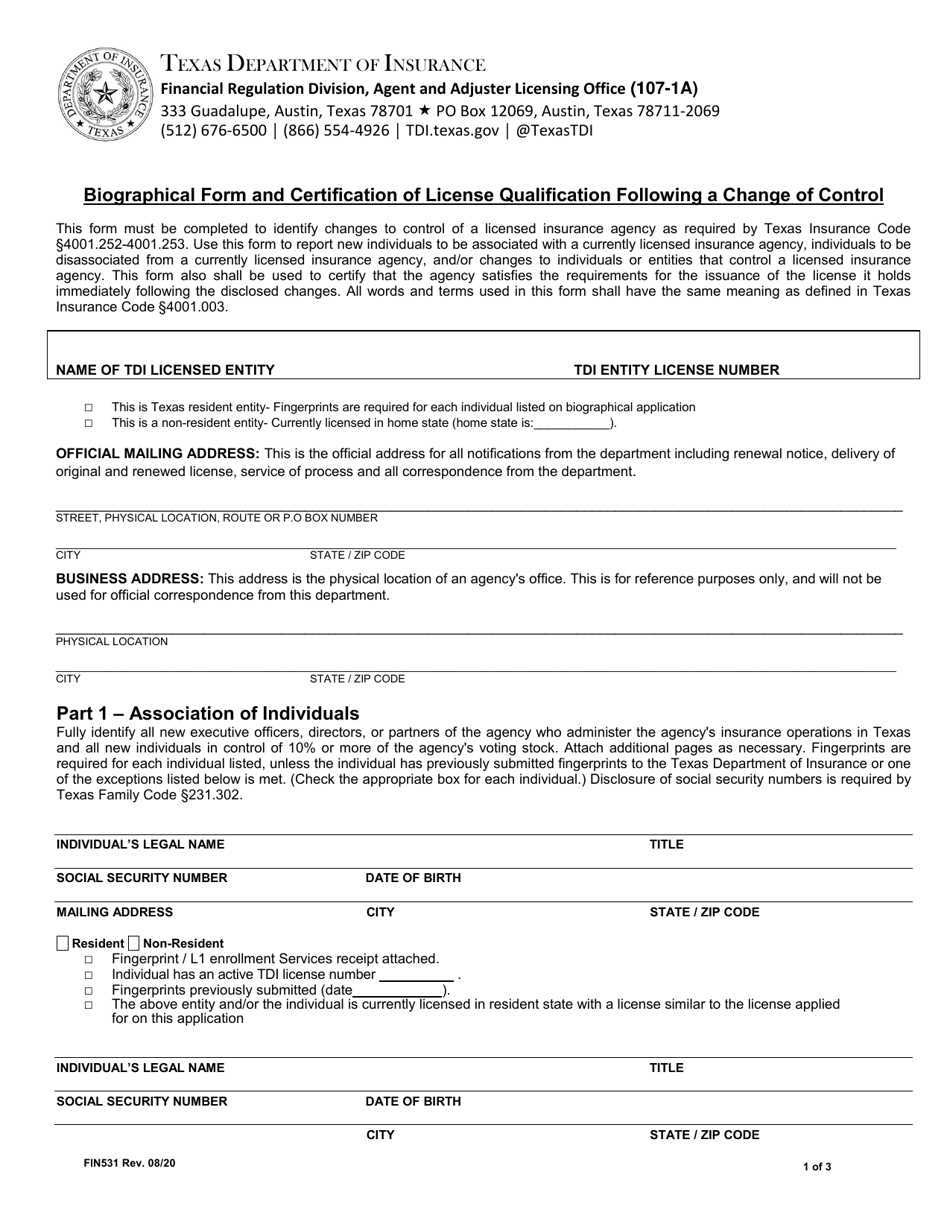 Form FIN531 Biographical Form and Certification of License Qualification Following a Change of Control - Texas, Page 1