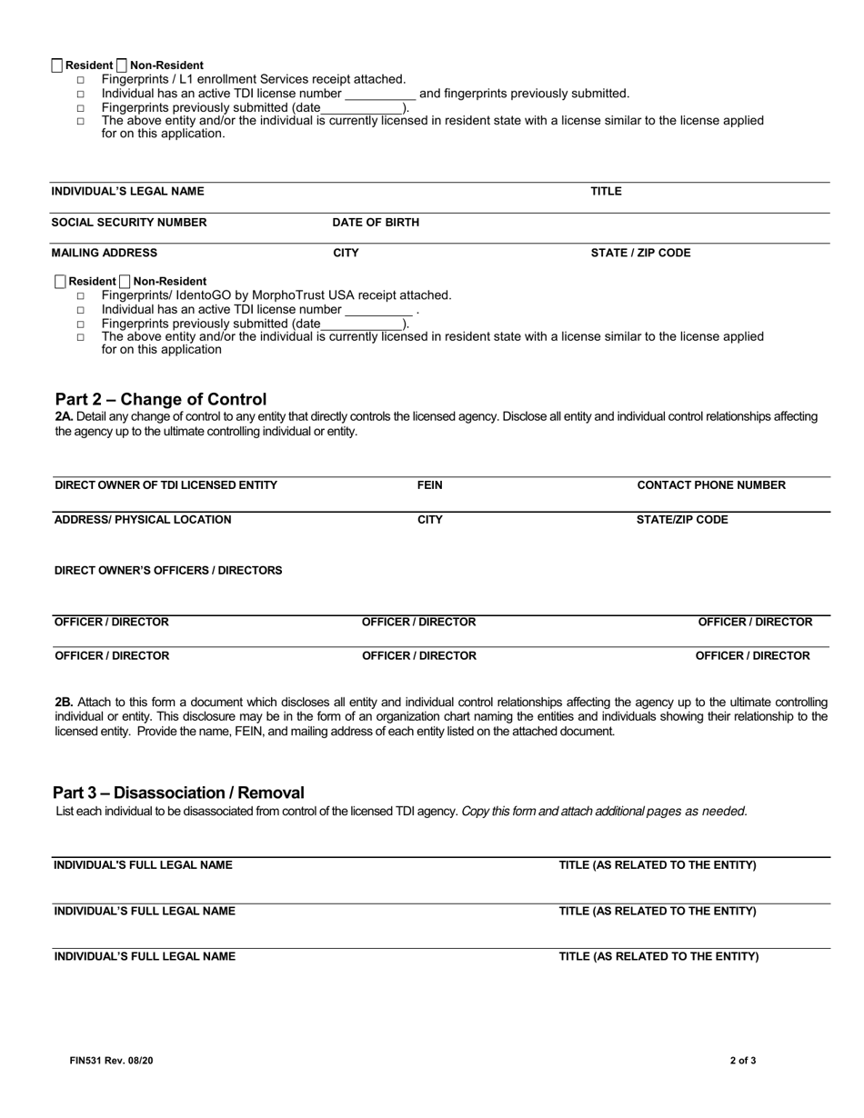 Form FIN531 Biographical Form and Certification of License Qualification Following a Change of Control - Texas, Page 2