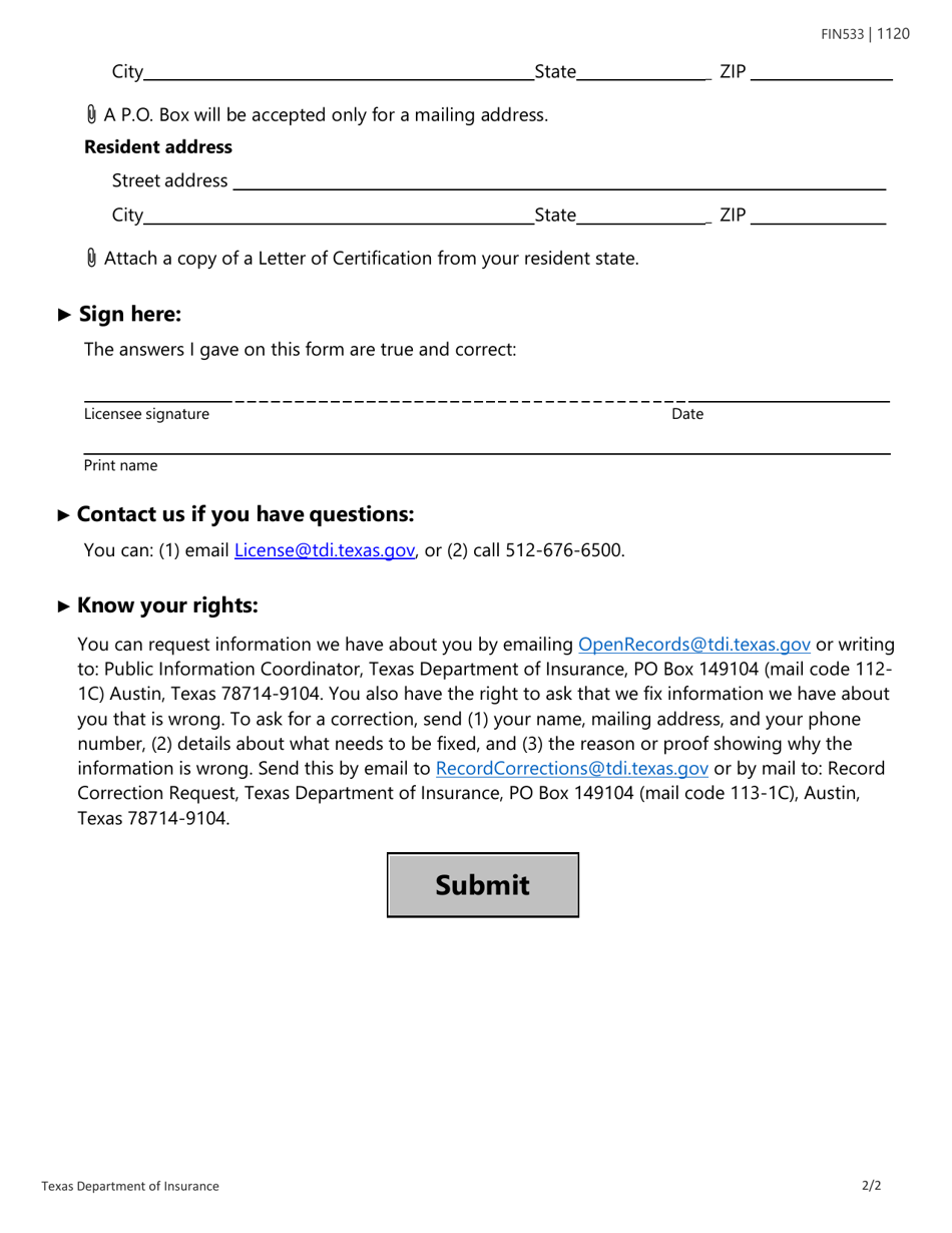 Form FIN533 Agent / Adjuster Name or Address Change Request Form - Texas, Page 2