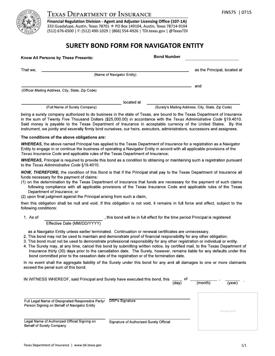 Form FIN575 Surety Bond Form for Navigator Entity - Texas, Page 1