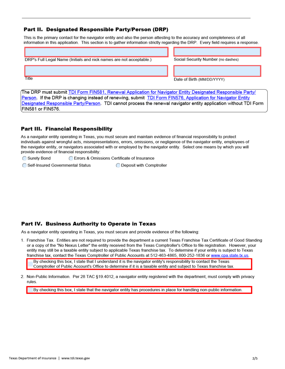 Form FIN580 Renewal Application for Navigator Entity Registration - Texas, Page 2