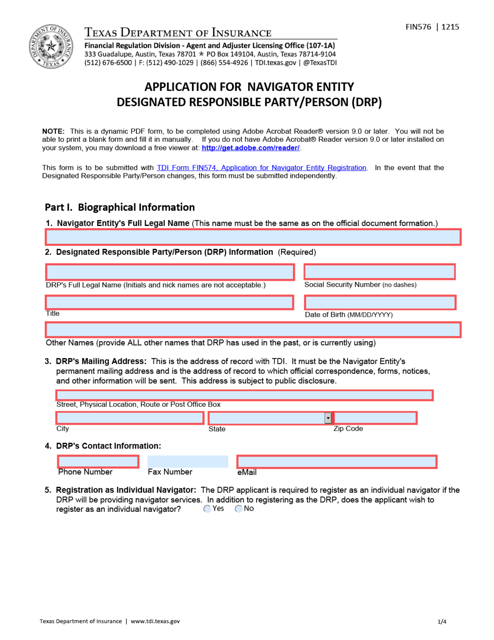 Form FIN576 Application for Navigator Entity Designated Responsible Party/Person (Drp) - Texas