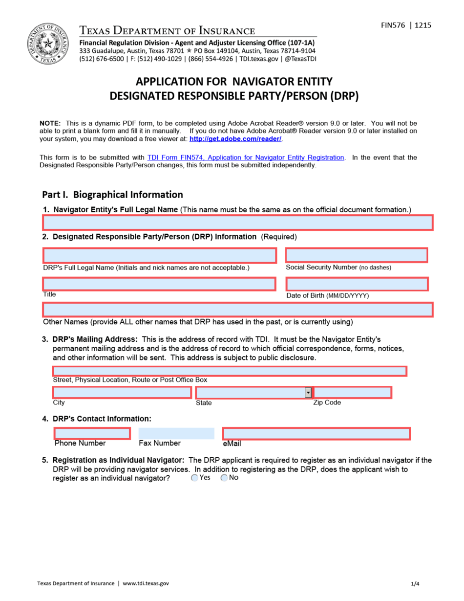 Form FIN576 Application for Navigator Entity Designated Responsible Party / Person (Drp) - Texas, Page 1