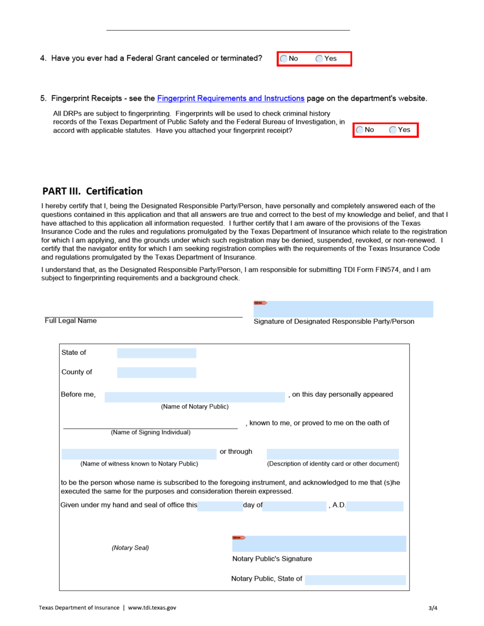 Form FIN576 Application for Navigator Entity Designated Responsible Party / Person (Drp) - Texas, Page 3