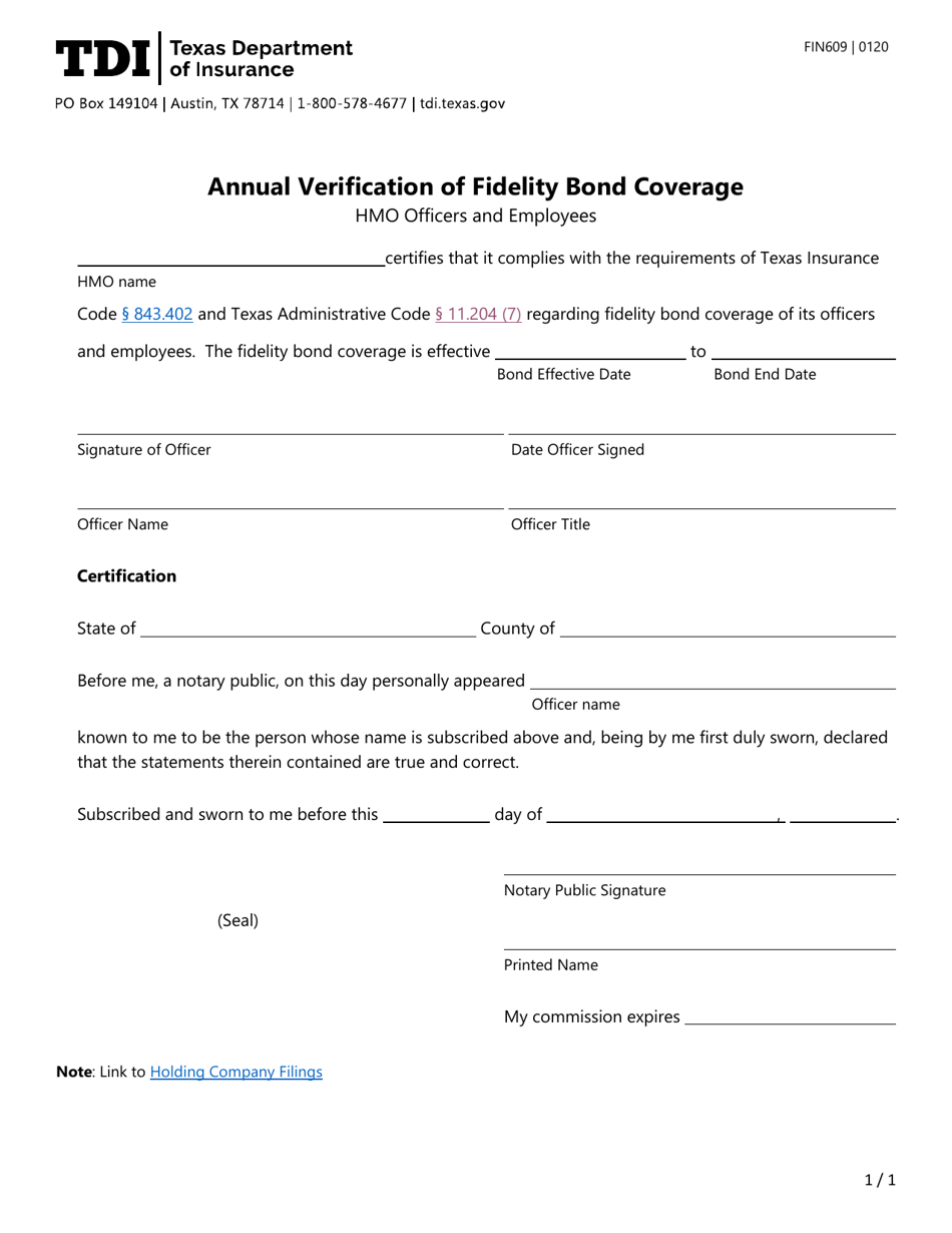Form FIN609 Annual Verification of Fidelity Bond Coverage - HMO Officers and Employees - Texas, Page 1