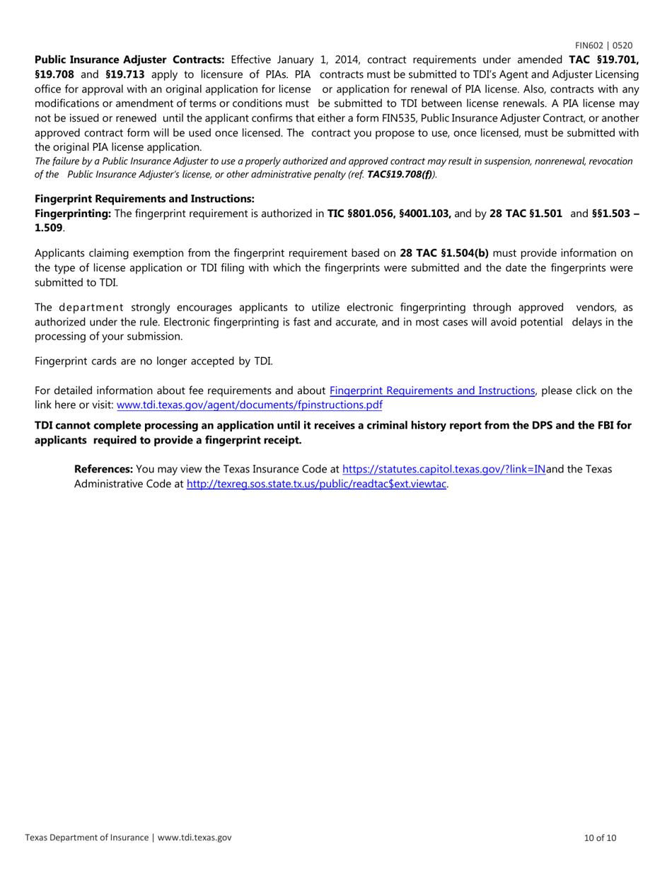Form FIN602 Application for Individual Adjuster License - Texas, Page 10