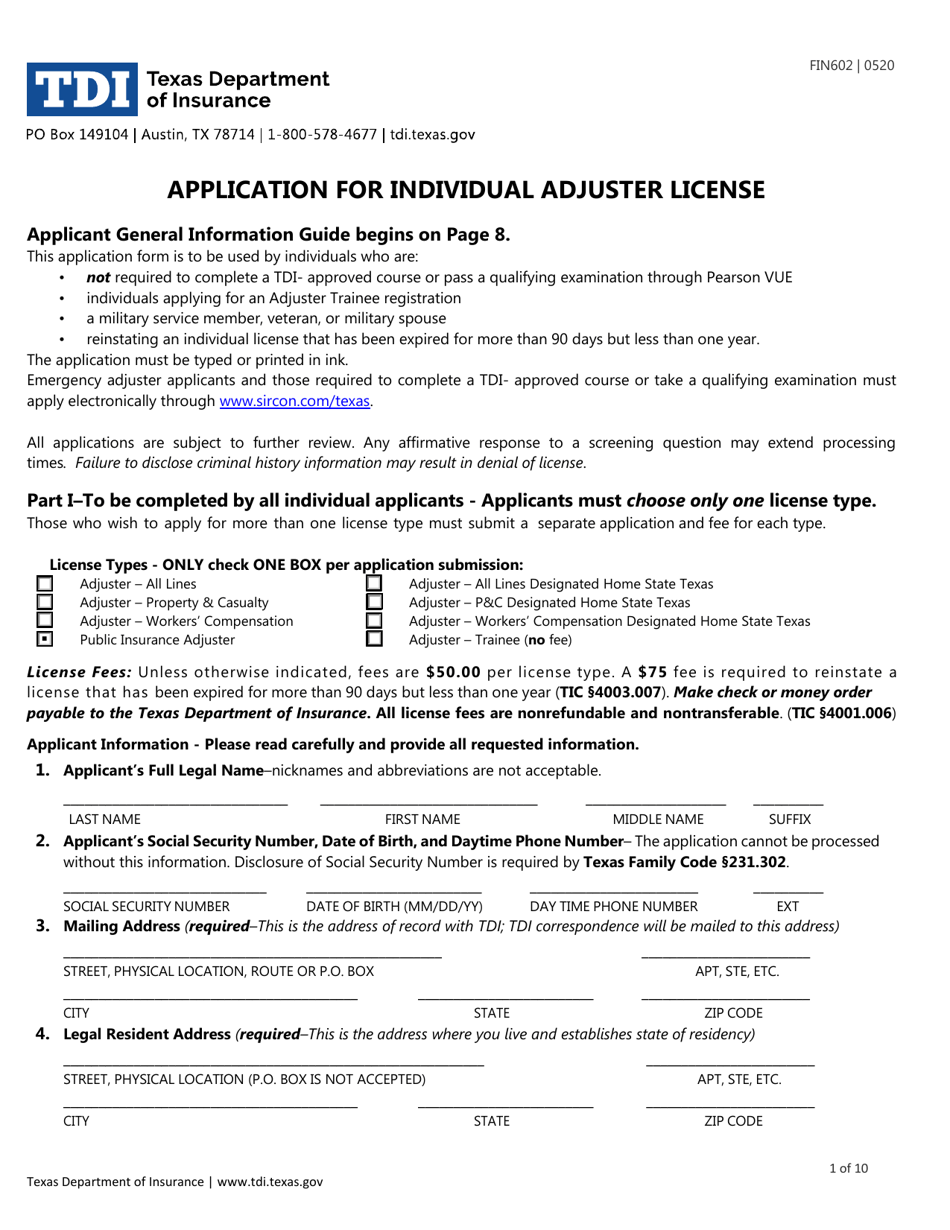 Form FIN602 Application for Individual Adjuster License - Texas, Page 1
