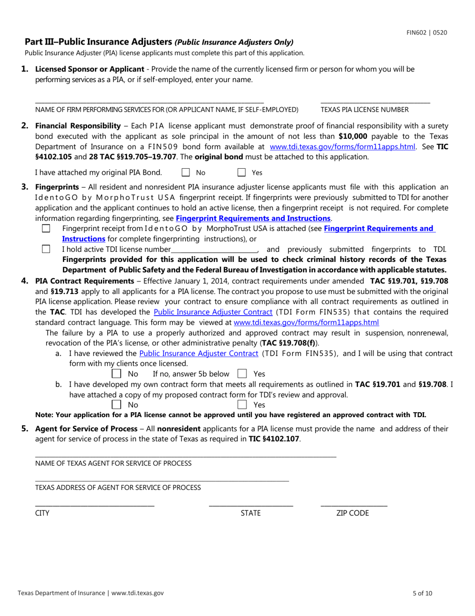 Form Fin602 Download Fillable Pdf Or Fill Online Application For 