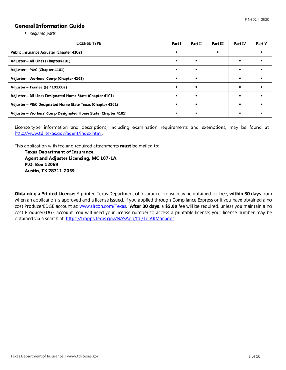 Form FIN602 Application for Individual Adjuster License - Texas, Page 8