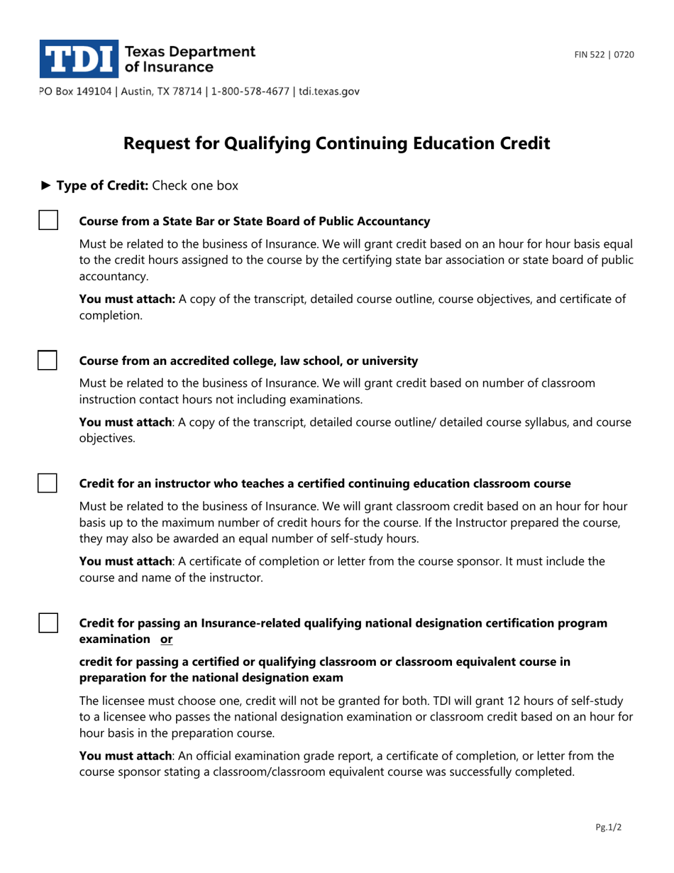 Form FIN522 Request for Qualifying Continuing Education Credit - Texas, Page 1