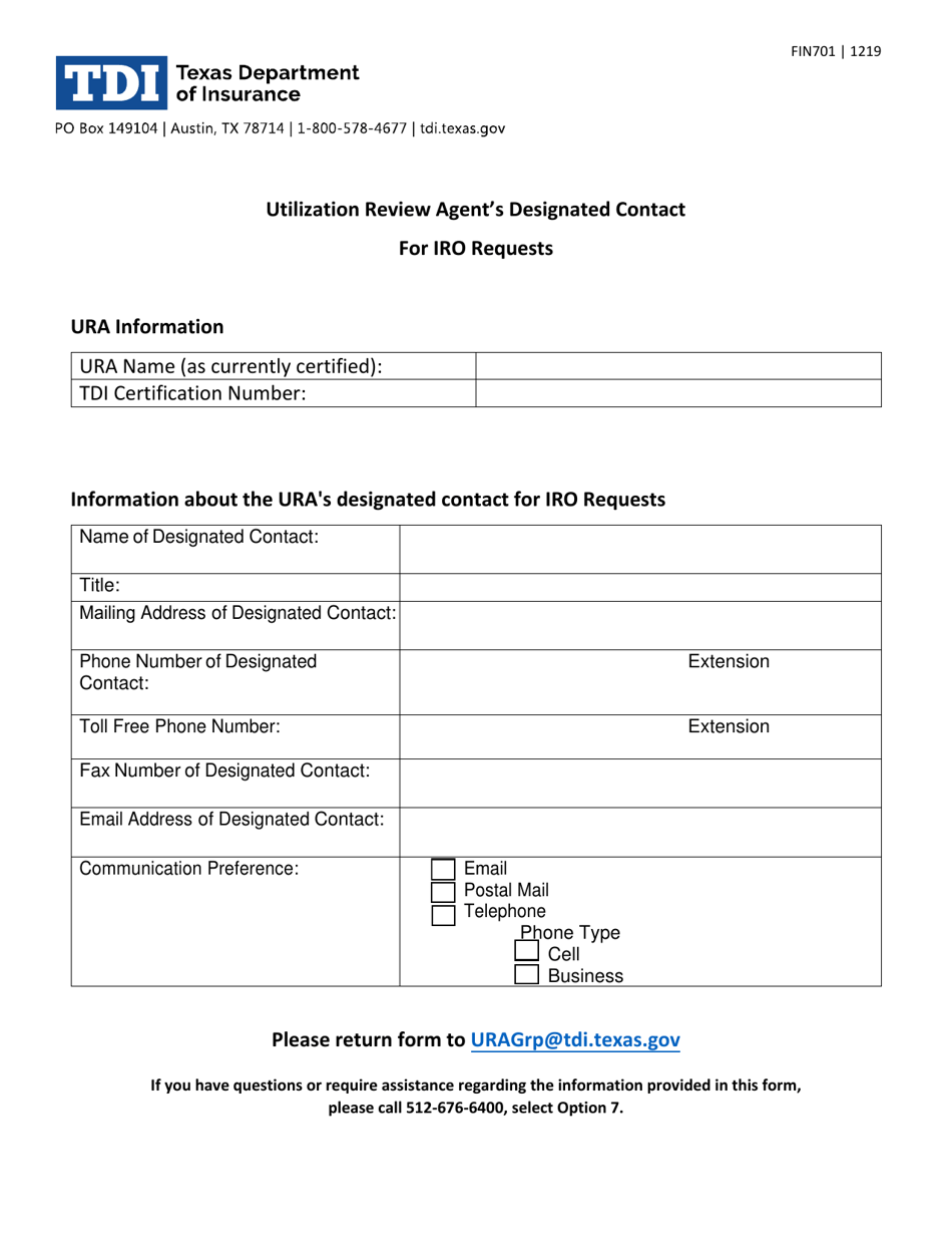 Form FIN701 Utilization Review Agent's Designated Contact for Iro Requests - Texas, Page 1