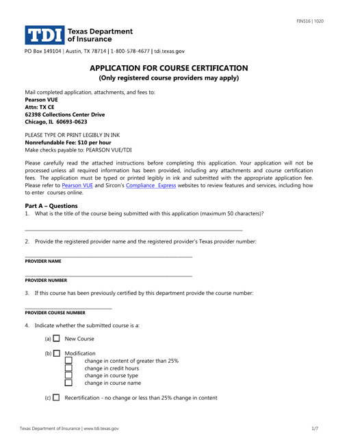 Form FIN516 Application for Course Certification - Texas