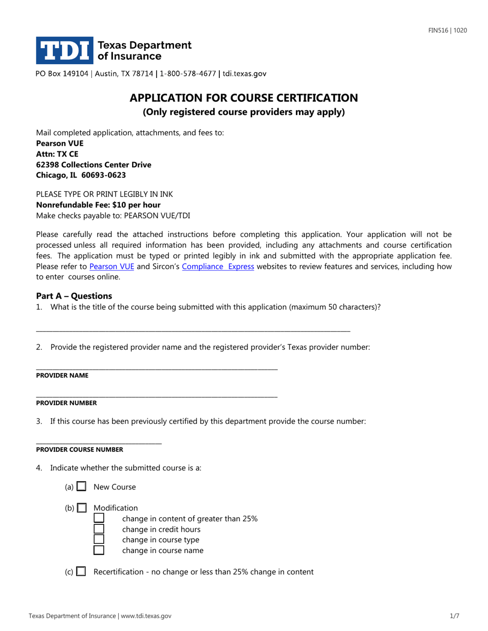 Form FIN516 Application for Course Certification - Texas, Page 1