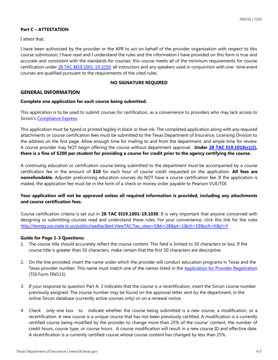 Form FIN516 Application for Course Certification - Texas, Page 4