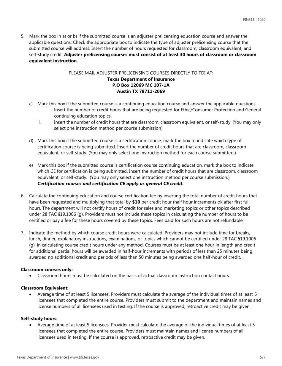 Form FIN516 Application for Course Certification - Texas, Page 5