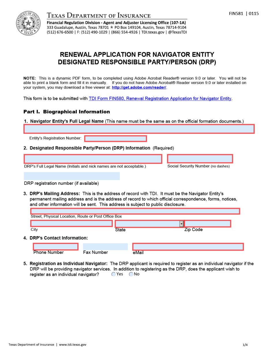Form FIN581 Renewal Application for Navigator Entity Designated Responsible Party / Person (Drp) - Texas, Page 1