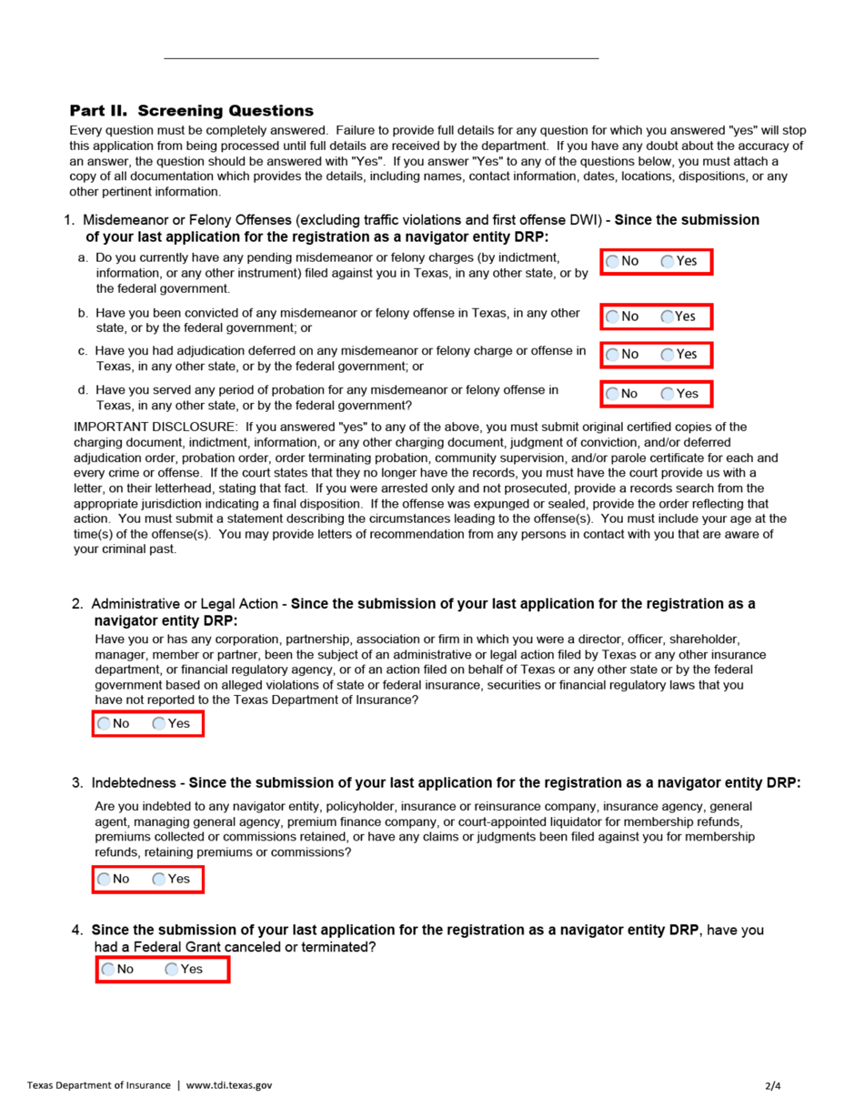 Form FIN581 Renewal Application for Navigator Entity Designated Responsible Party / Person (Drp) - Texas, Page 2