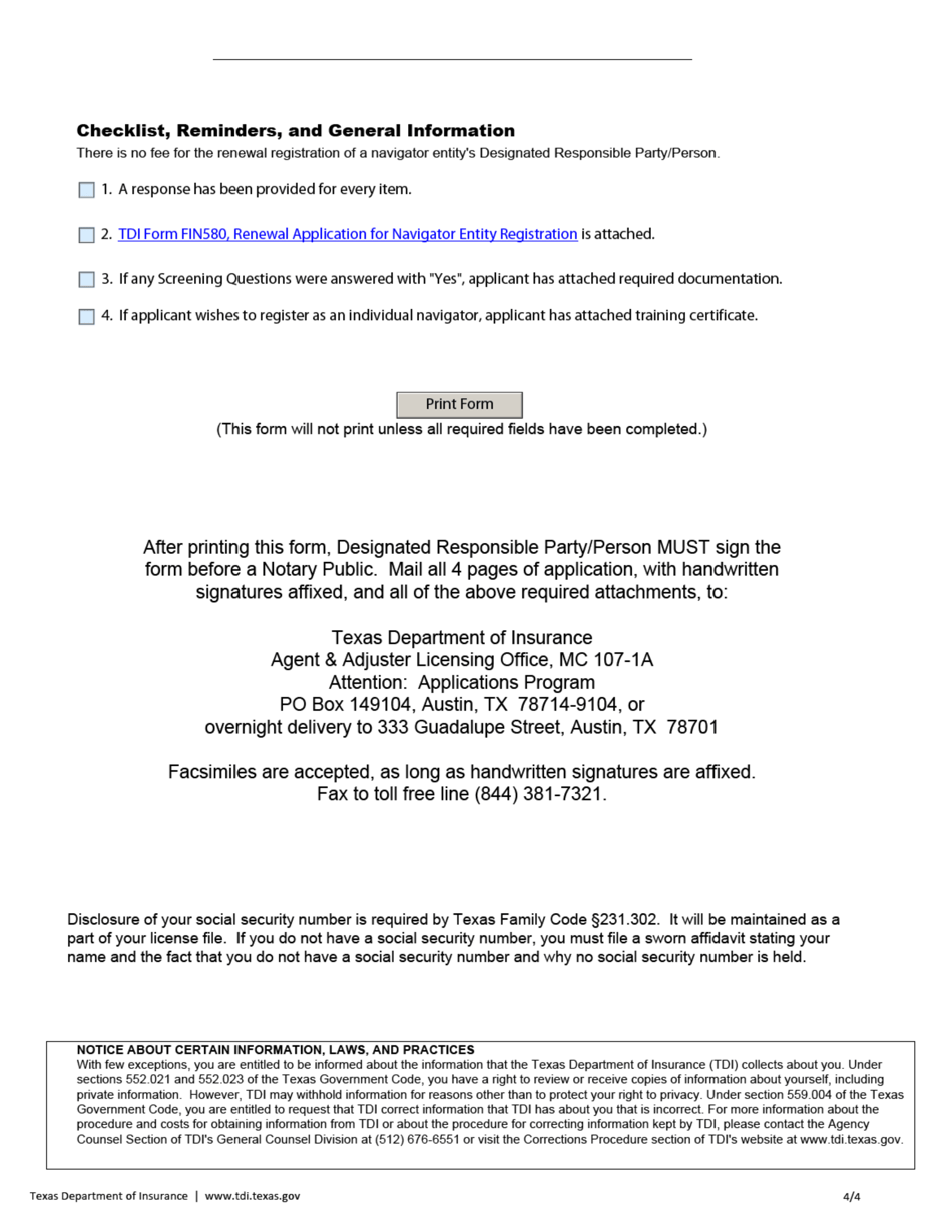 Form FIN581 Renewal Application for Navigator Entity Designated Responsible Party / Person (Drp) - Texas, Page 4