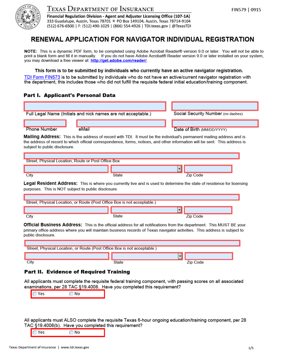Form FIN579 Renewal Application for Navigator Individual Registration - Texas, Page 1