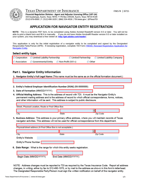 Form FIN574 Application for Navigator Entity Registration - Texas