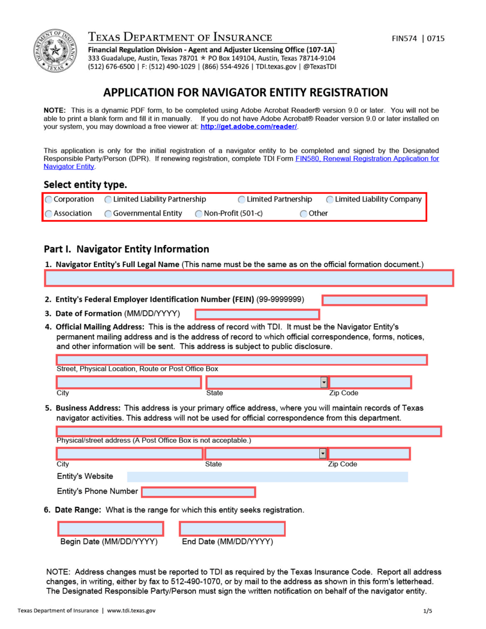 Form FIN574 Application for Navigator Entity Registration - Texas, Page 1