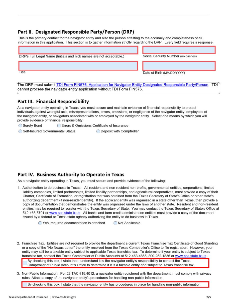 Form FIN574 Application for Navigator Entity Registration - Texas, Page 2