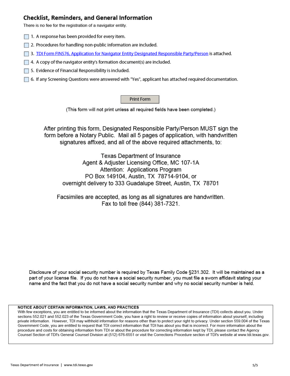 Form FIN574 Application for Navigator Entity Registration - Texas, Page 5