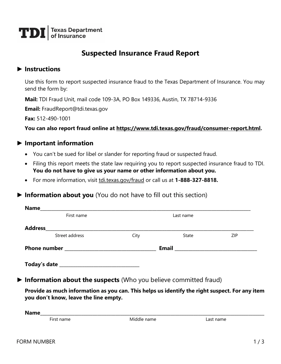 Form FR029 Suspected Insurance Fraud Report - Texas, Page 1